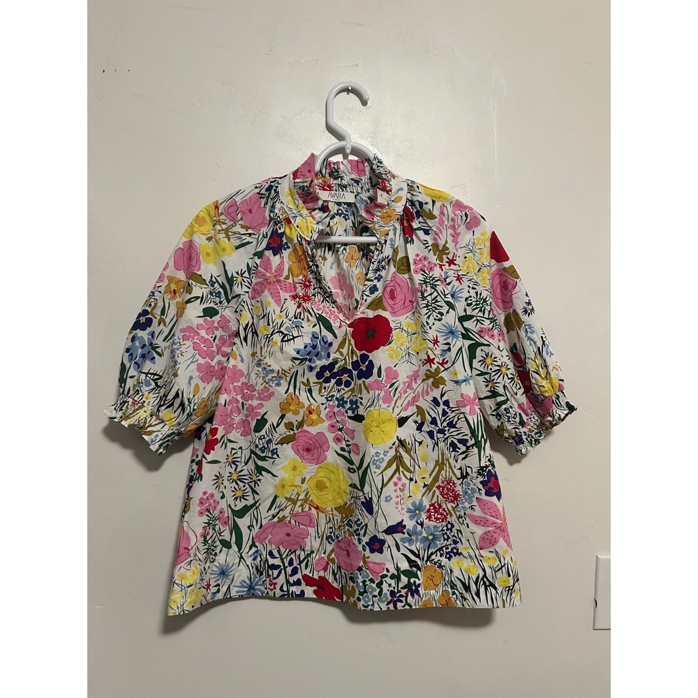 Avara Floral Ruffle Neck Puff Sleeve Cotton Blouse White‎ Multicolor XS